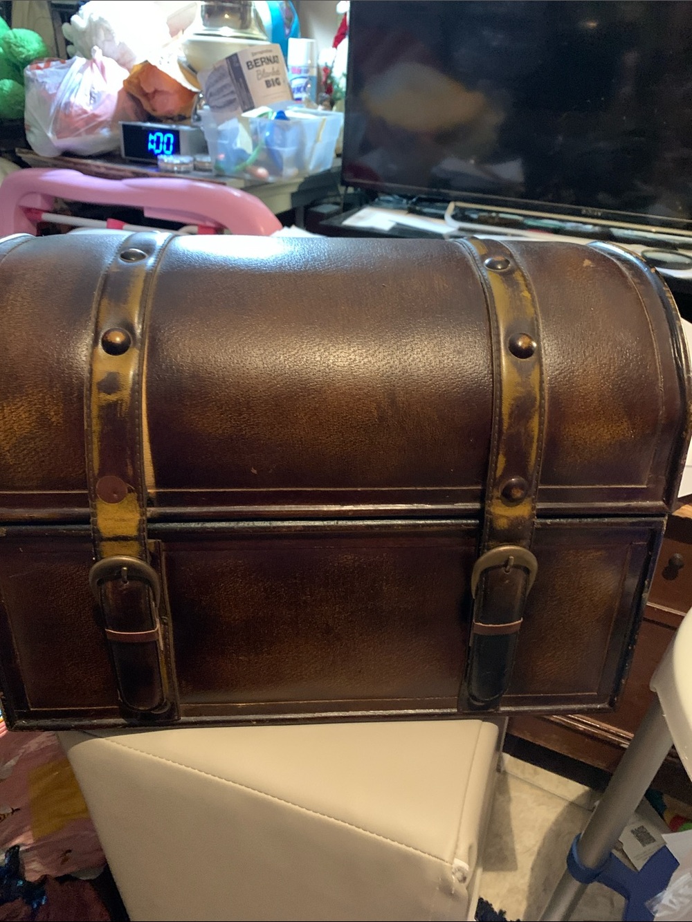 Vintage Style Brown Dome-Top Chest with faux leather straps & brass studs